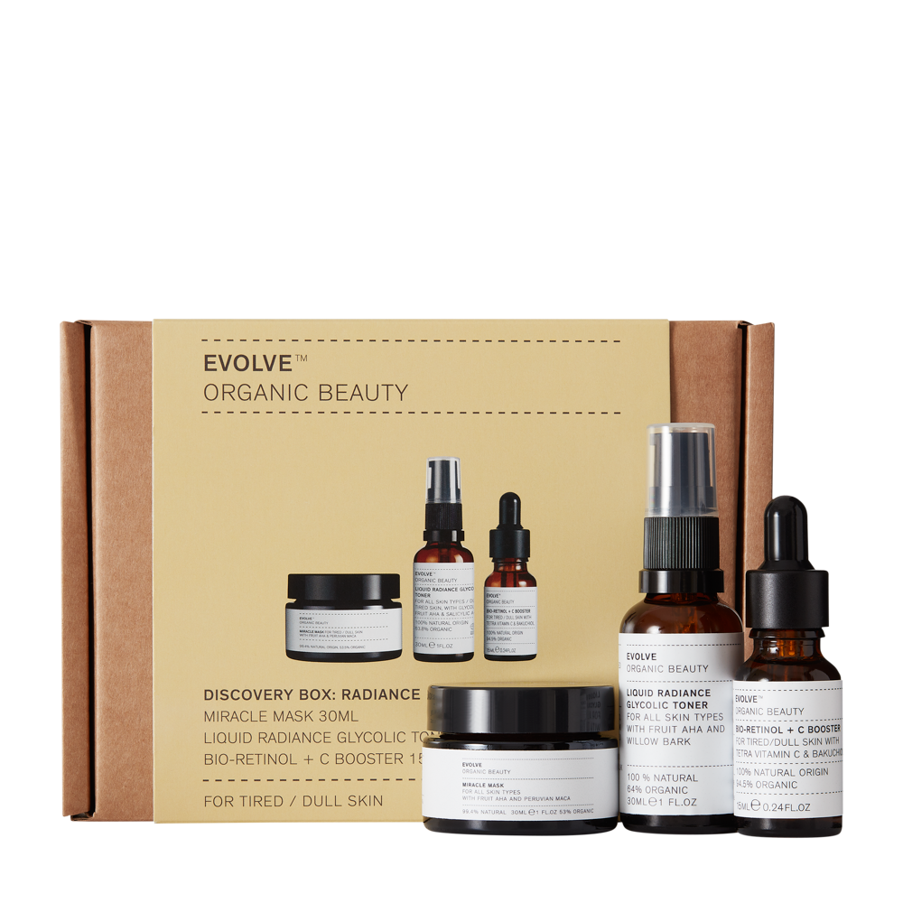 Evolve Discovery Box Radiance | Evolve skincare set with radiance-boosting products to help brighten dull and tired skin | Vegan Cruelty Free