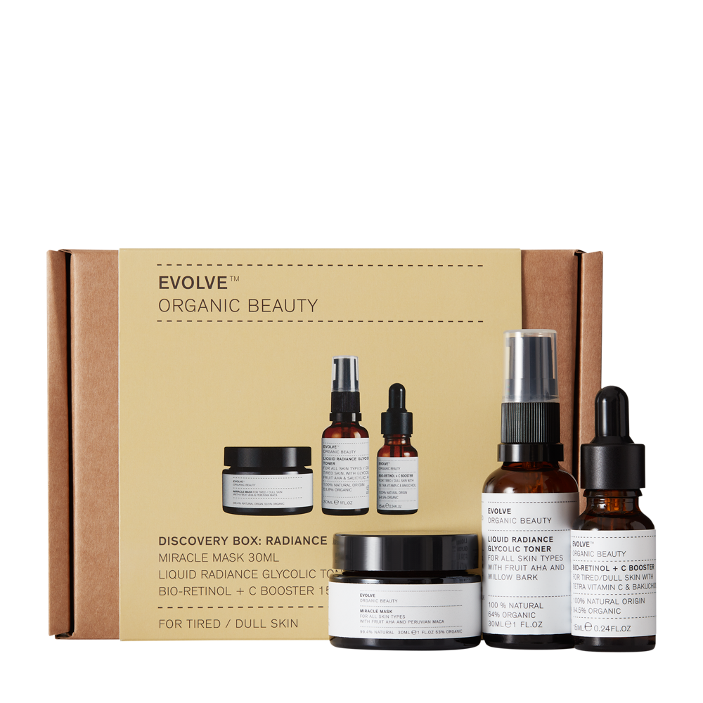 Evolve Discovery Box Radiance | Evolve skincare set with radiance-boosting products to help brighten dull and tired skin | Vegan Cruelty Free