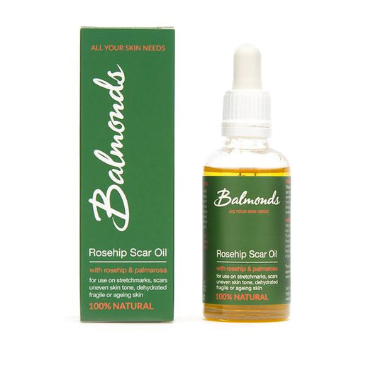 Balmonds Rosehip Scar Oil is a totally natural moisturising oil, for use on scars, stretch marks, uneven skin tone, dehydrated or ageing skin | Cruelty Free