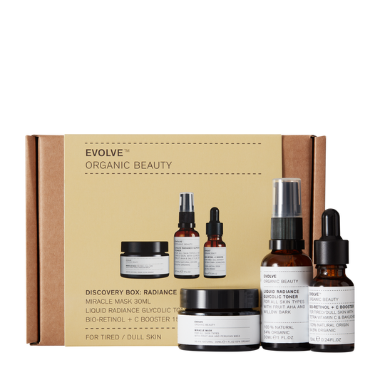 Evolve Discovery Box Radiance | Evolve skincare set with radiance-boosting products to help brighten dull and tired skin | Vegan Cruelty Free