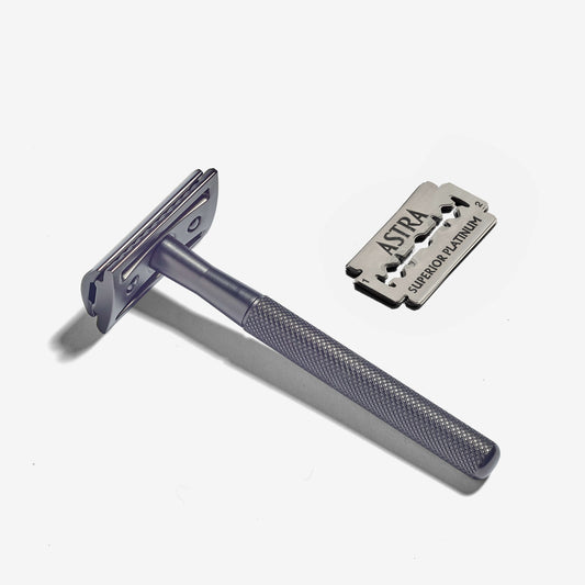 Metal Grey Stainless Steel Safety Razor with 10 complimentary blades | Plastic Free | Low Waste Living | Eco-Friendly Shaving | Sustainable Beauty