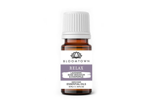 Bloomtown Relax Essential Oil | Relaxing blend of Lavender, Rose Geranium and Chamomile | Vegan, Sustainable, Cruelty Free, Palm Oil Free