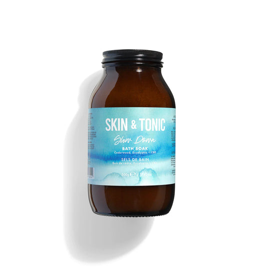 Skin & Tonic Slow Down Bath Soak | Relax and restore with Cedarwood, Eucalyptus Essential Oils and CBD | Vegan, Cruelty Free, Organic